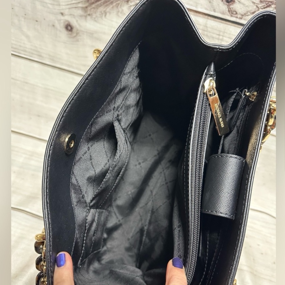 Michael Kors Sophia Shoulder Bag Purse Satchel Black Gold Saffiano Leather Large - Picture 9 of 16